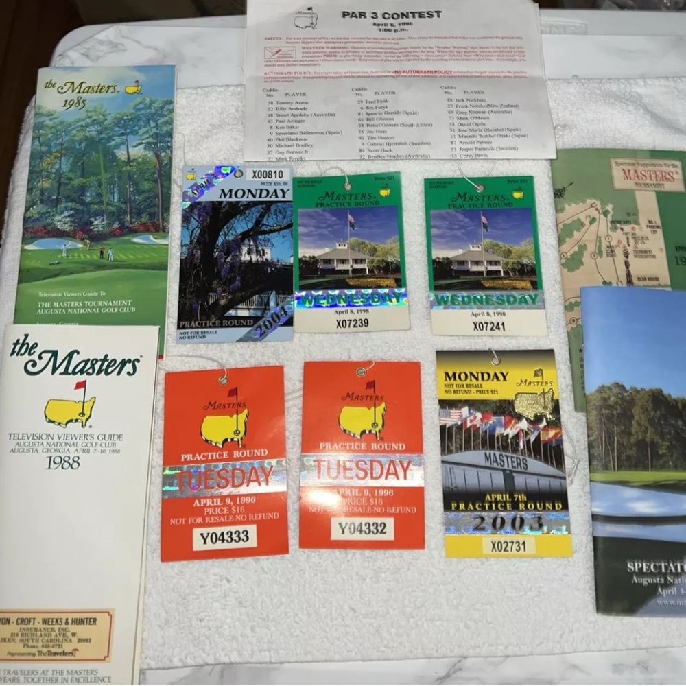 Masters Golf Tournament Collection Practice Tickets, Tournament Guides Etc